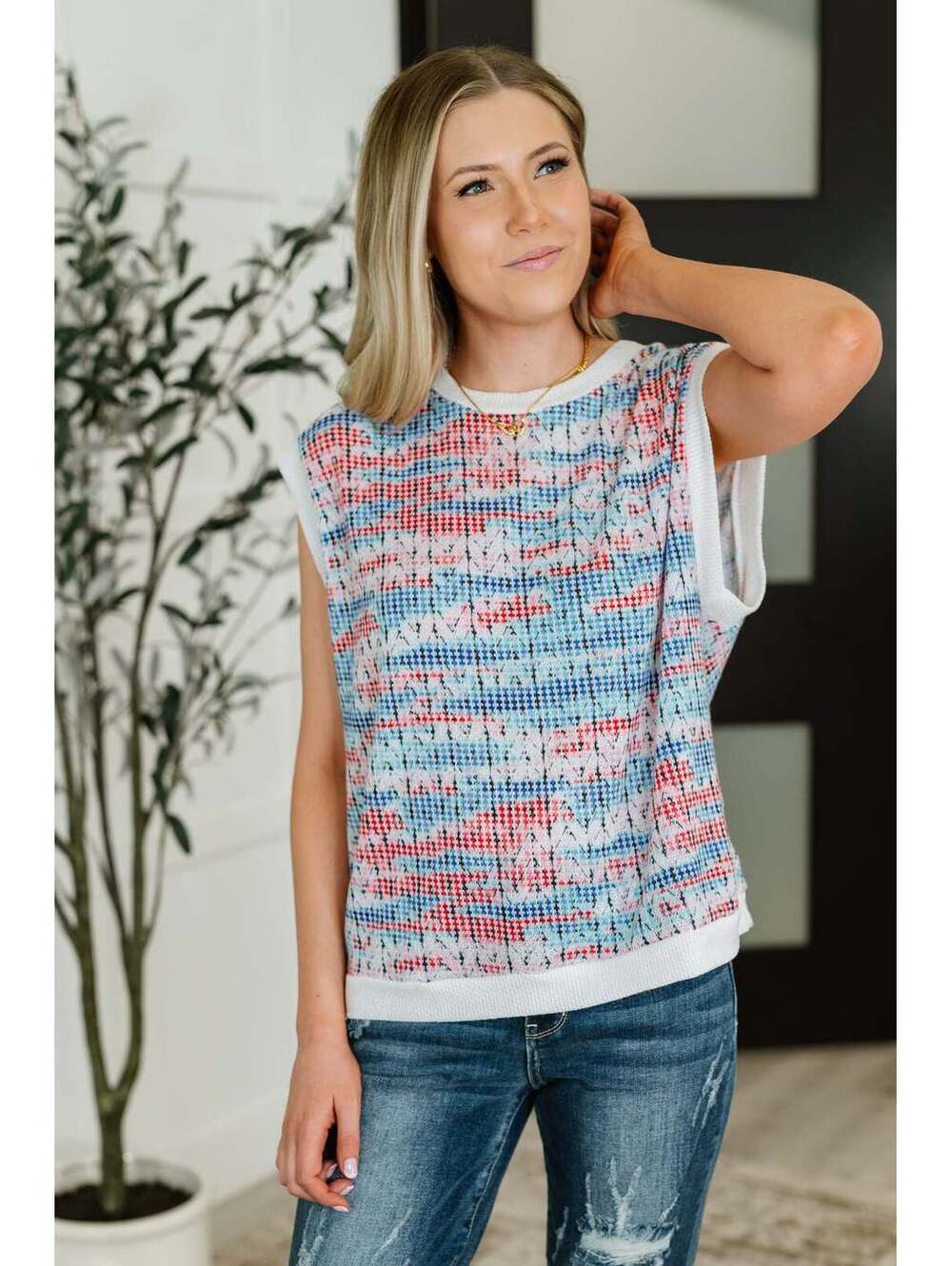 Blurred Beauty Textured Knit Top in Blue, Red and White